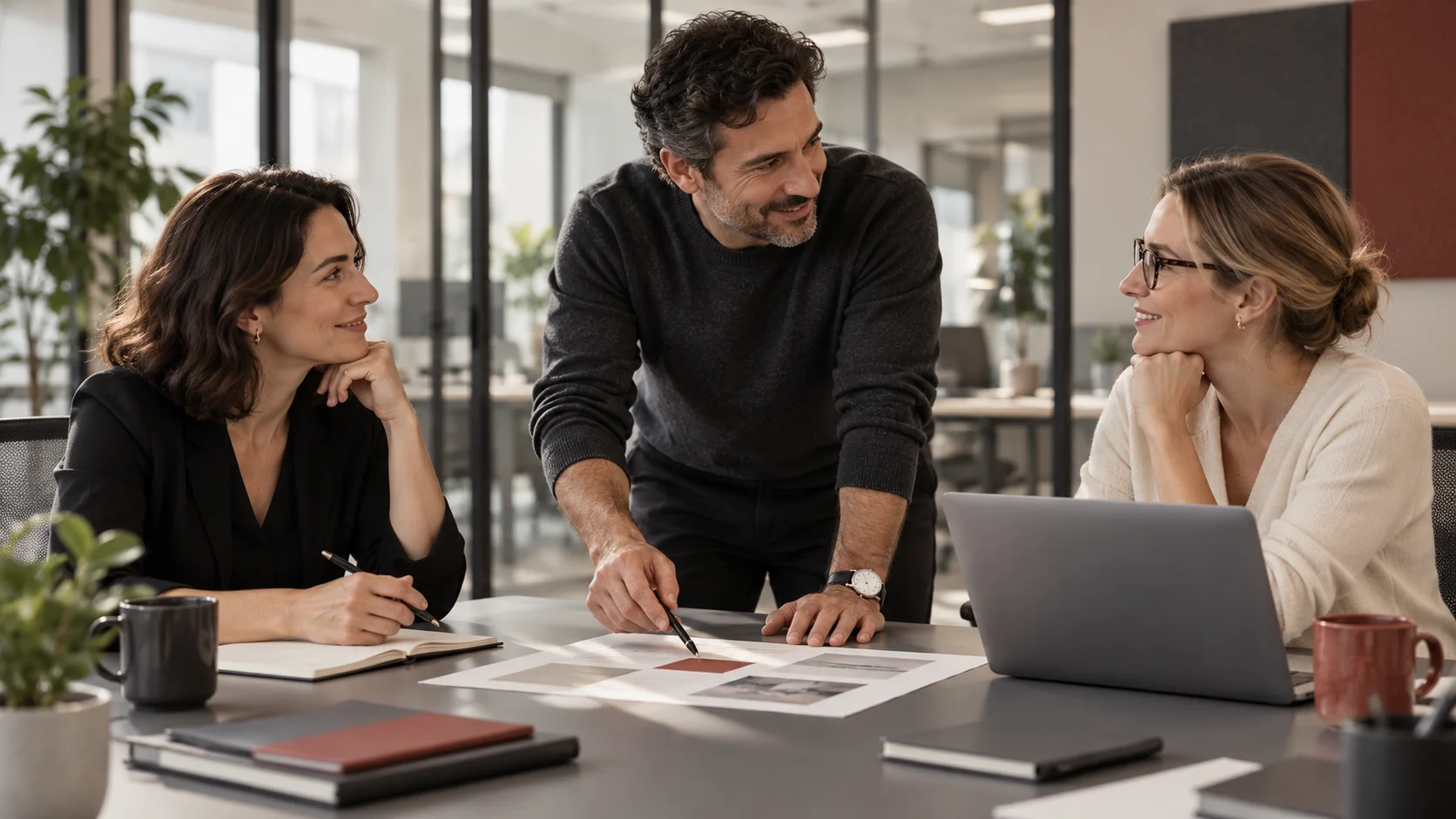 Échange entre trois professionnels dans un bureau moderne — illustration IA.